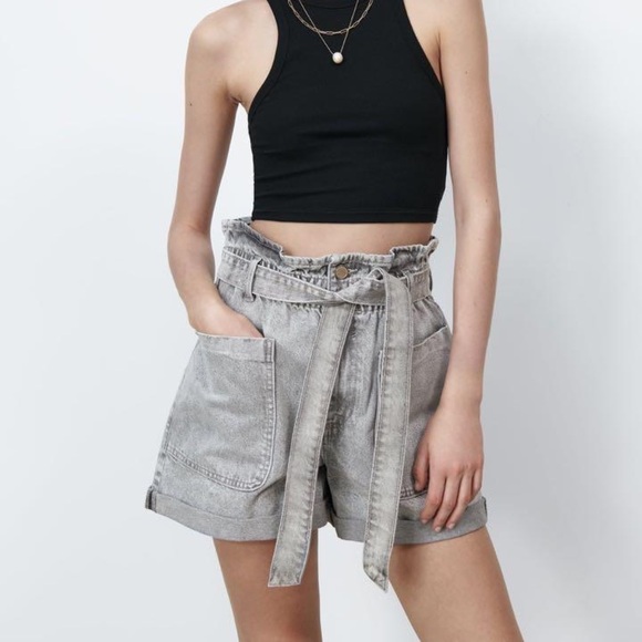 Zara Grey Denim Paperbag Waist Shorts - Picture 1 of 8